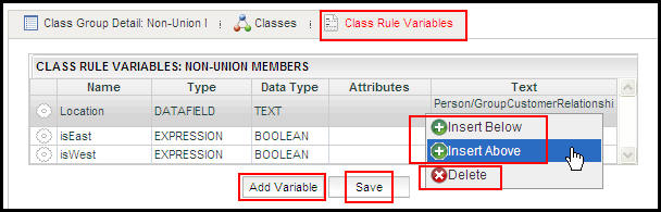Class Group screen Class Rule Variables Security 